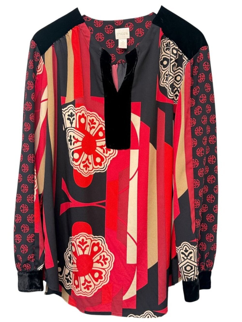 Chico's Tunic Blouse XL Red Black Asian Modern Print Womens Top Velvet Trim